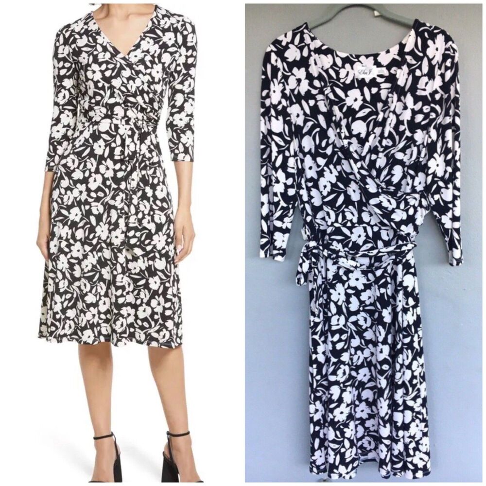 Eliza J Floral Midi Dress Women 14 Black White Jersey Stretch Romantic Feminine